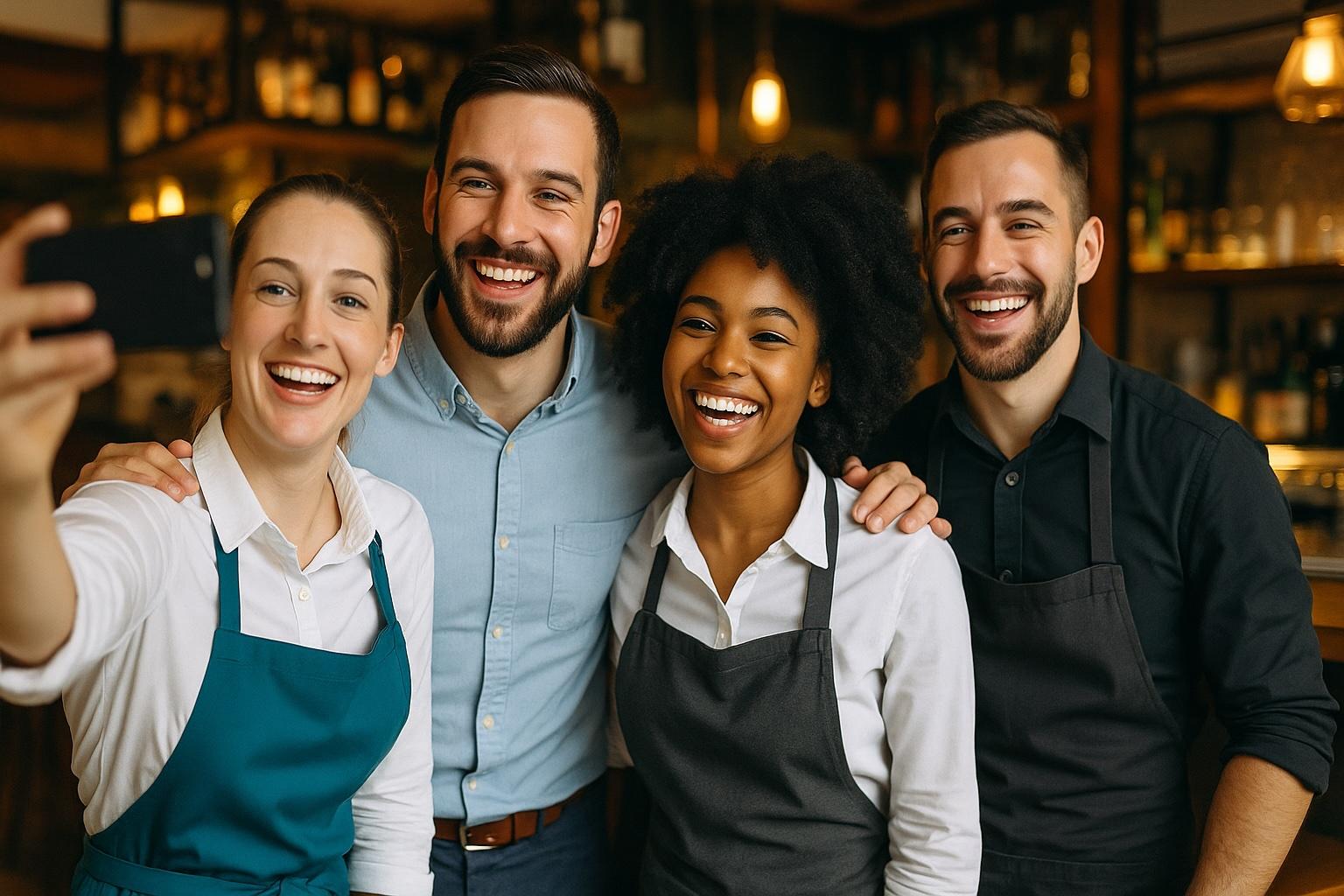 Happy team of workers after shift